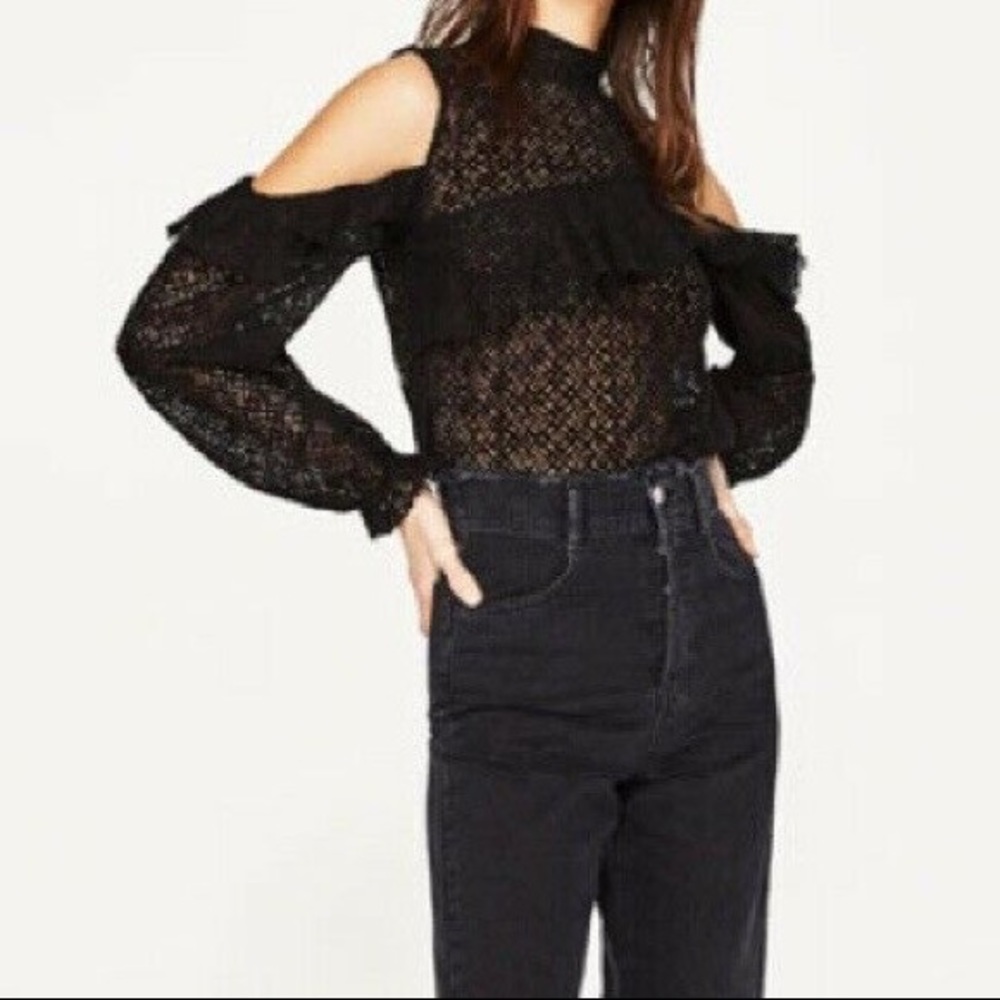 3/$30 Zara Black Lace Cold Shoulder Top - Picture 2 of 5